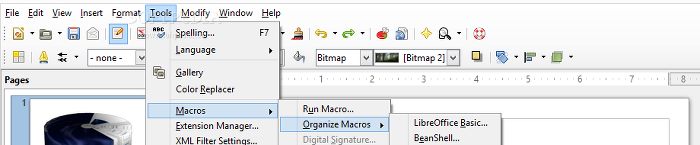 Showing the LibreOffice Draw tools menu